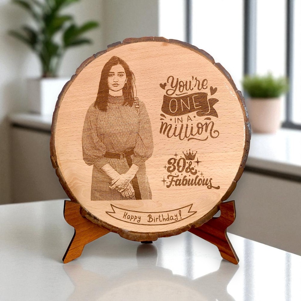 Wooden Round Coaster-Style Engraved Birthday Frame