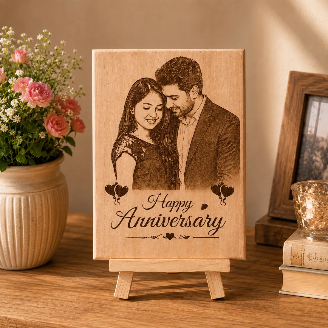 Anniversary Couple Engraved Plaque with Wood Stand