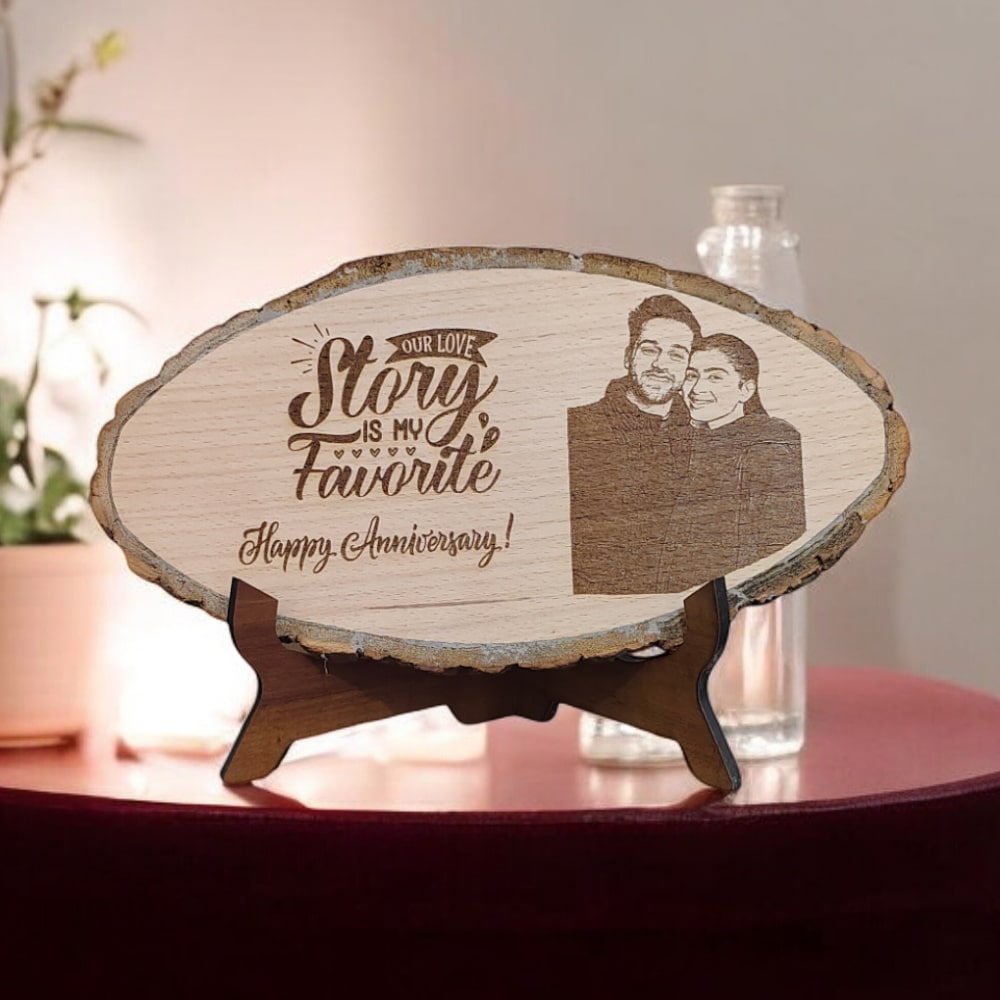 Personalized Oval Shape Anniversary Natural Wooden Engraved Photo Frame Customize Gift for Wedding