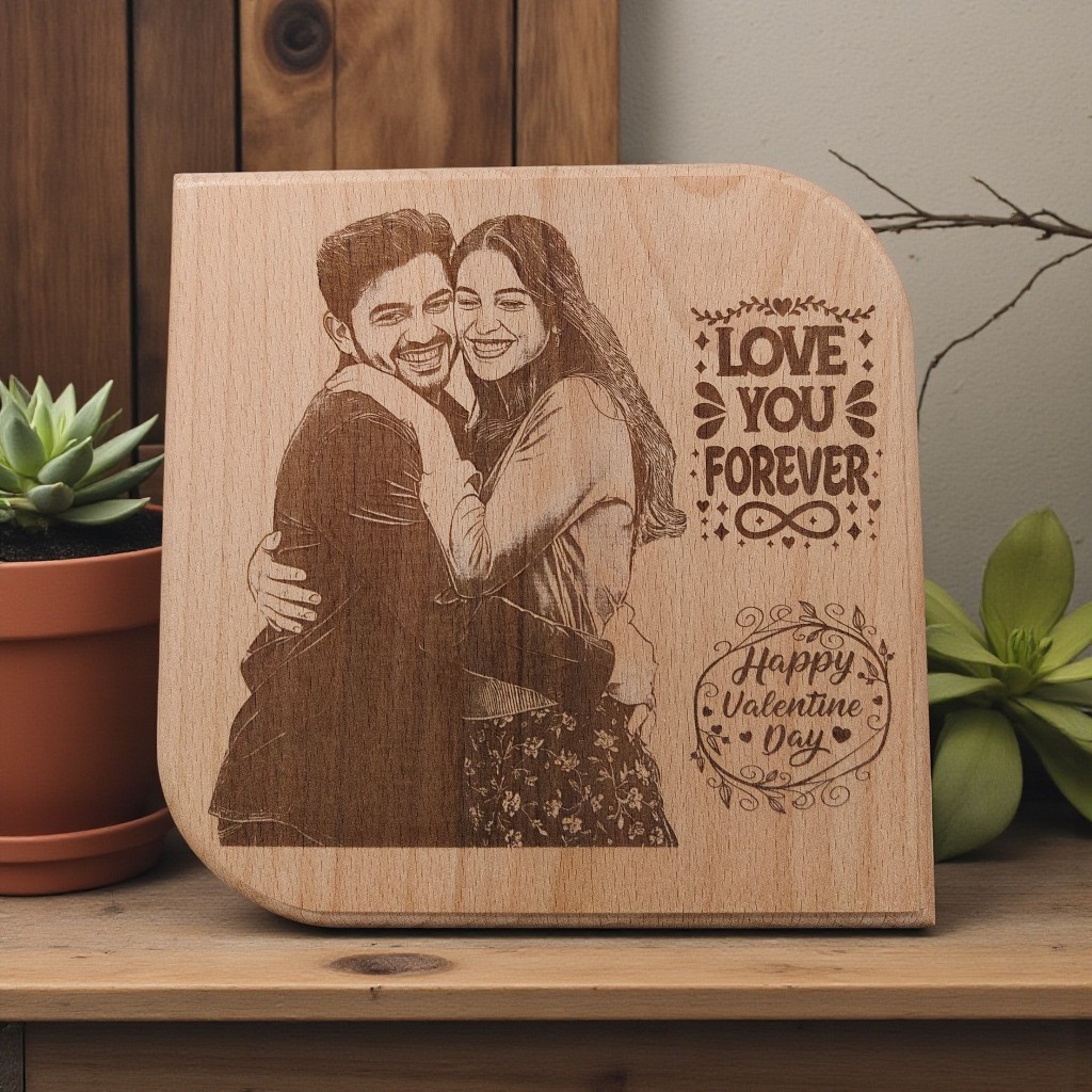 Personalized Wooden Photo Frame for Couples – 7×7 Inch Engraved Love Forever Plaque | Valentine’s Day Gift